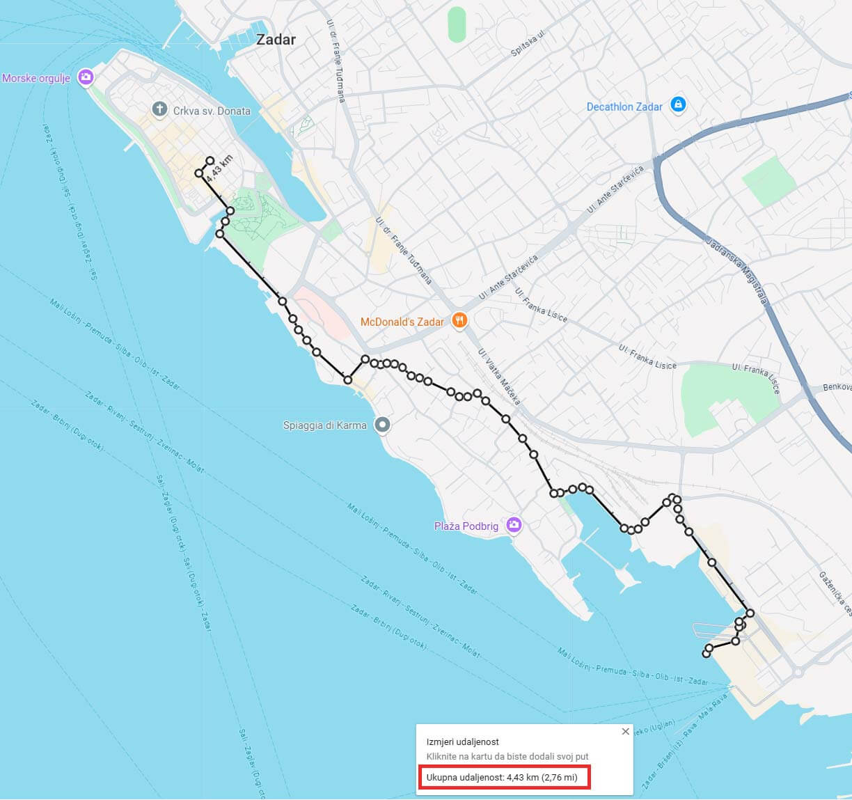 Distance calculation from Zadar Cruise Port to Zadar Old Town